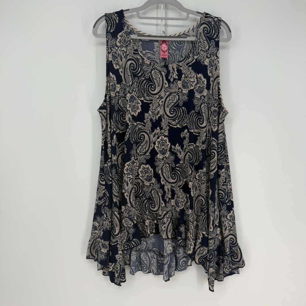 Honeyme Curvy Tunic Womens XXXL Navy Blue Paisley Sleeveless Sharkbite Boho Tank